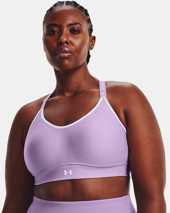 Women's UA Infinity Mid Heather Cover Sports Bra in Purple image number 3